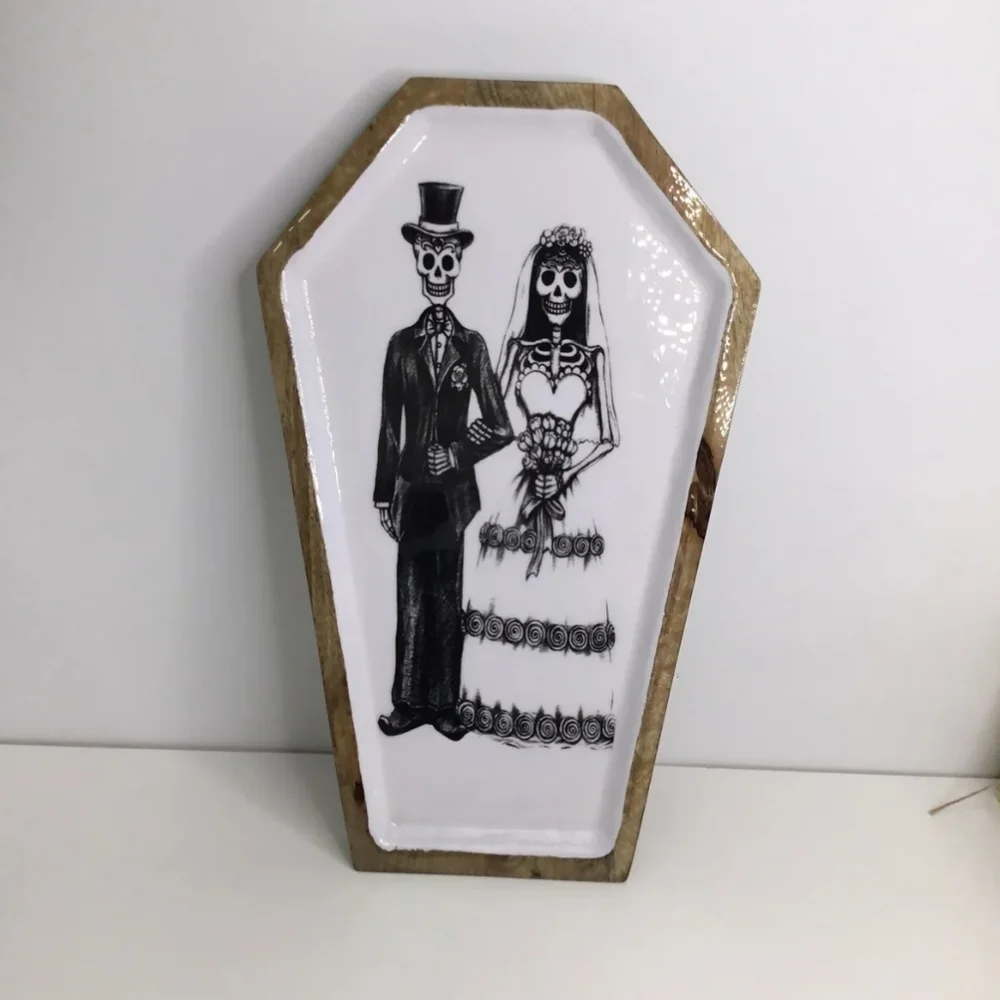 Day of the dead bride and groom ceramic wooden serving plate 15